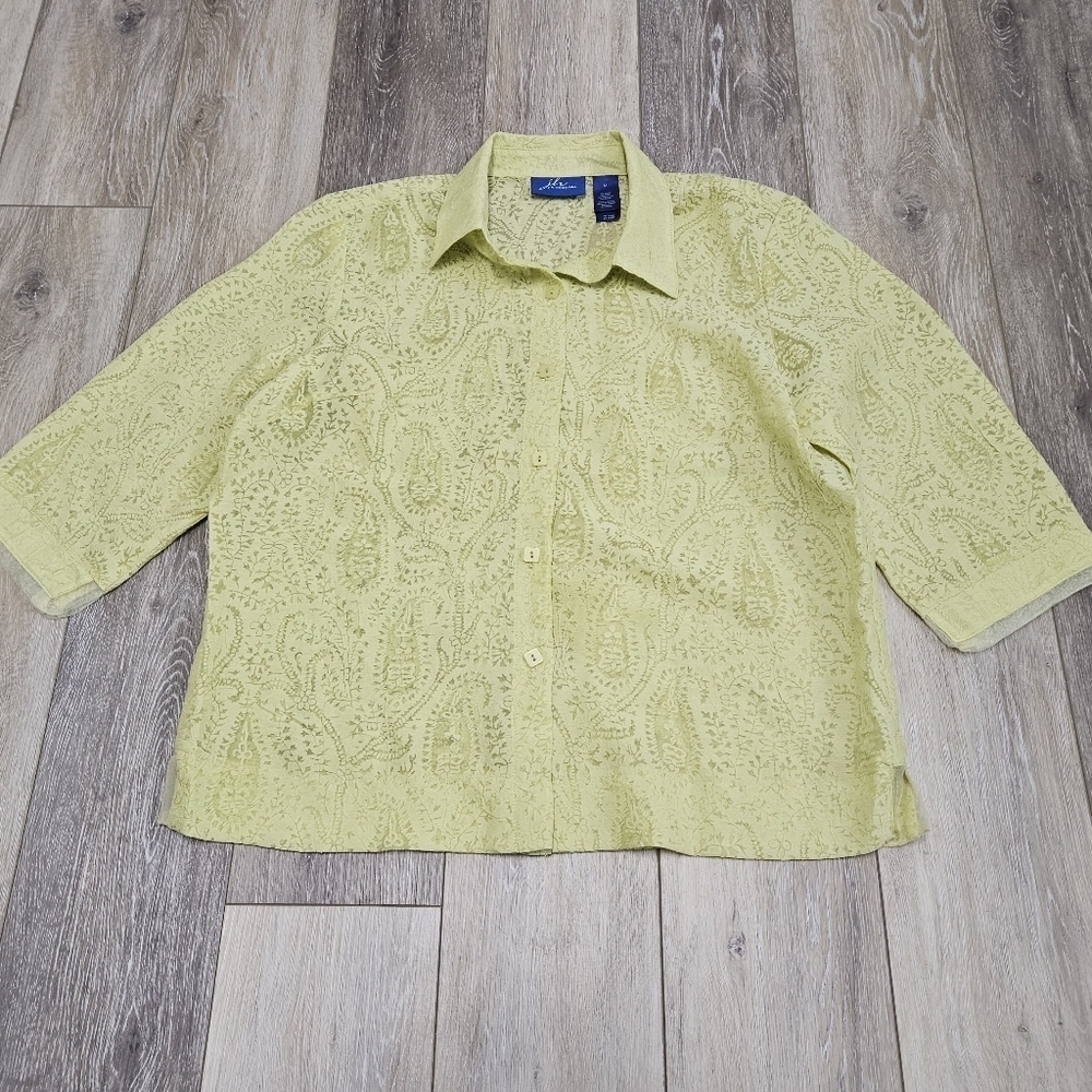 JH Collectables Semi Sheer Button Up Blouse Yellow Floral Women's Medium